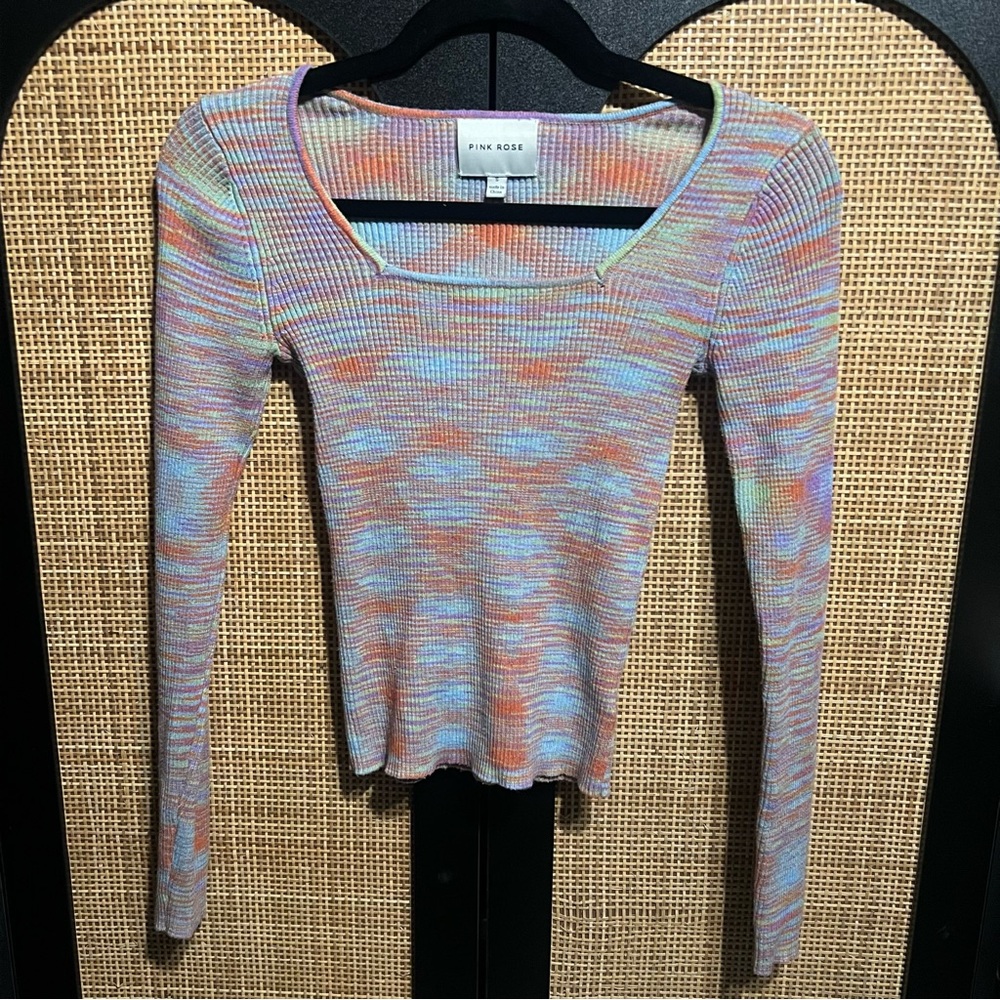 Pink Rose Ribbed Square Neck Long Sleeve Top S